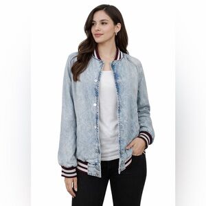 Wild Fable Denim Bomber Jacket Varsity Stripe Trim - Women’s Small